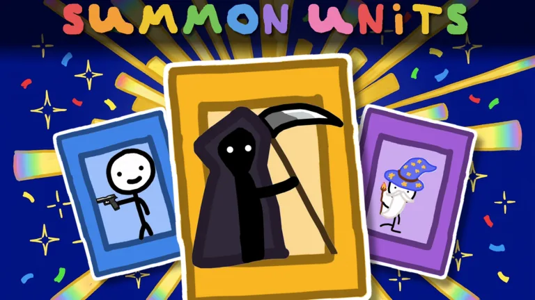 Summon Units promo art from Doodle Tower Defense with Gunner, Reaper and Wizard cards
