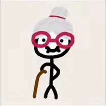 Granny, a stickman grandma with grey hair, red glasses and a cane, from the developer's all-units YouTube Short